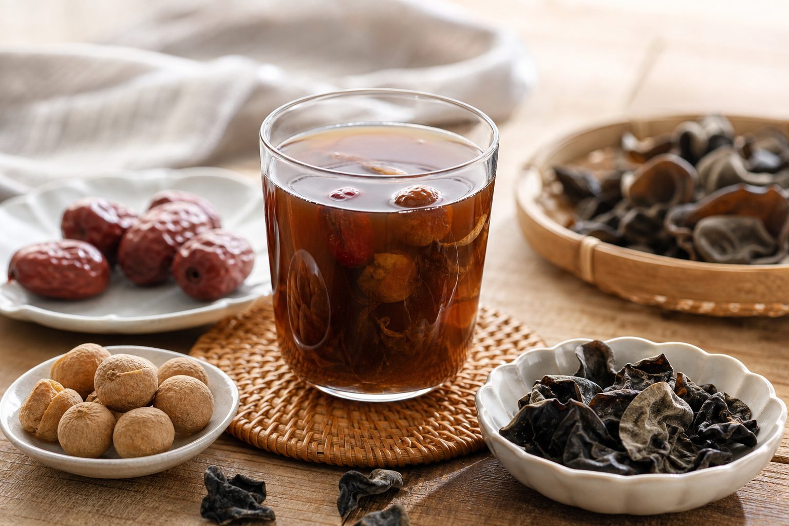 桂圓紅棗木耳飲，飲品本身與桂圓、紅棗、木耳食材
